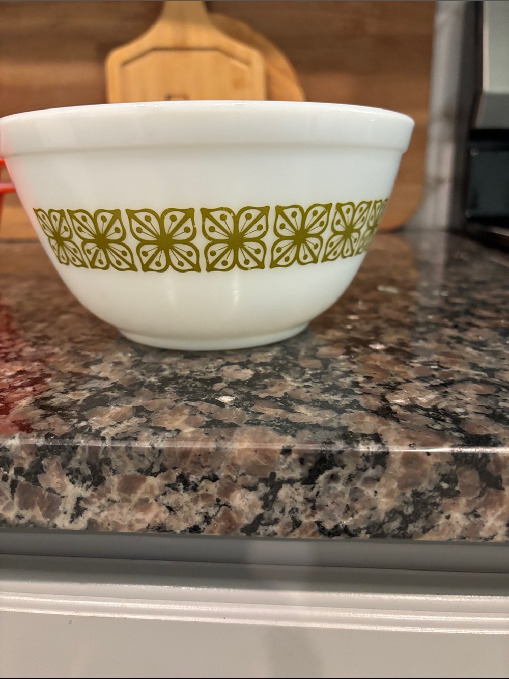 Vintage White Milk Glass Mixing Bowl with Olive Green Floral Band Pyrex